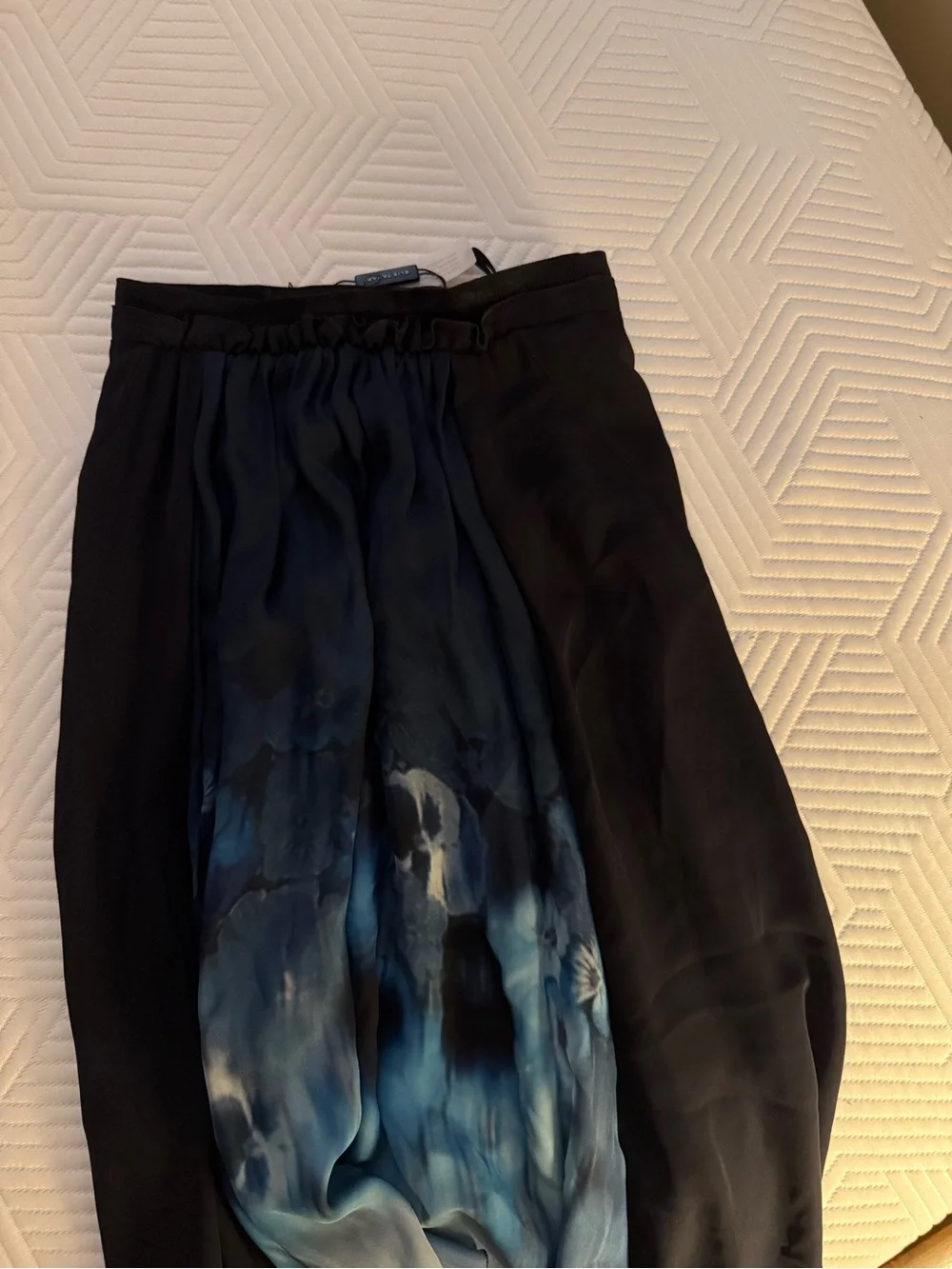 Elie Tahari Dark Navy Skirt with Blue and White Floral Watercolor Front Panel